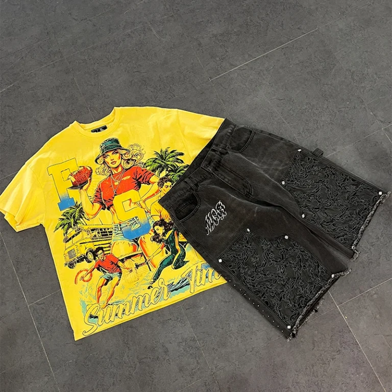 Custom-Logo-Manufacturer-Cotton-Mens-Oversized-Screen-Print-T-Shirt-and-Embossing-Denim-Shorts-Set