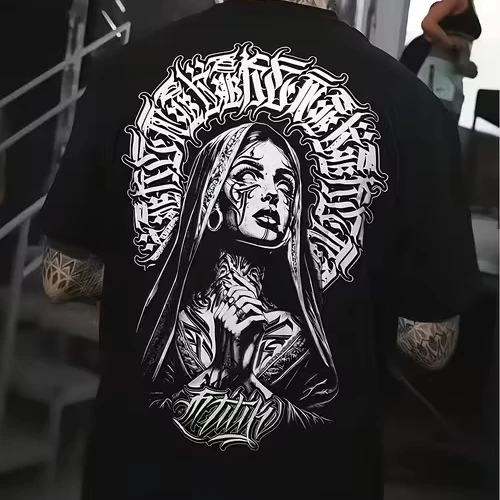 Custom-Logo-Mens-T-Shirt-Black-Oversized-Graphic-Tee-with-Chicano-Style-Woman-Print-for-Casual-Daily-Wear