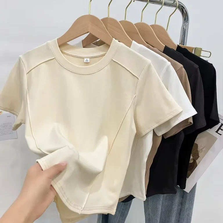 Custom-Logo-New-Fashion-Summer-Casual-O-Neck-Short-Sleeve-Solid-Color-Cropped-Tops-Women-T-Shirts