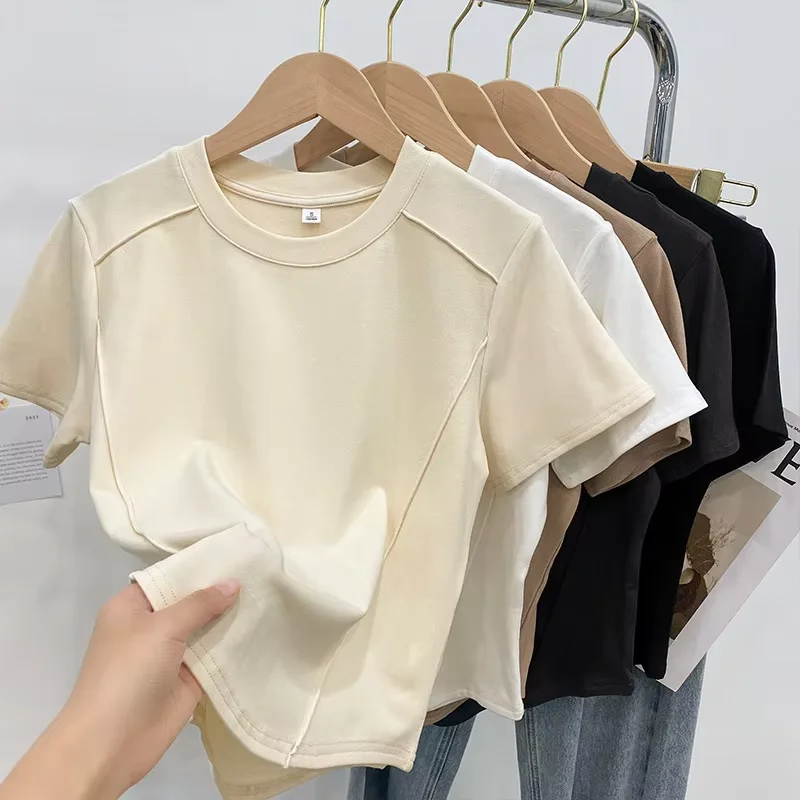 Custom-Logo-New-Fashion-Summer-Casual-O-Neck-Short-Sleeve-Solid-Color-Cropped-Tops-Women-T-Shirts