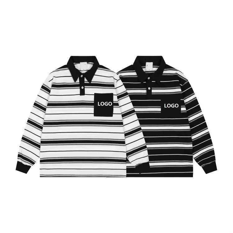 Custom-Logo-Polo-Neck-Sweatshirts-100-Cotton-French-Terry-Striped-Heavyweight-Long-Sleeve-Mens-T-Shirt