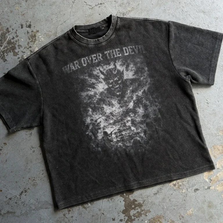 Custom-Logo-Printed-Basic-Round-Neck-Short-Sleeve-T-Shirts-Men-Oversized-Fit-Vintage-Washed-Heavyweight-Waffle-Knit-Tshirt