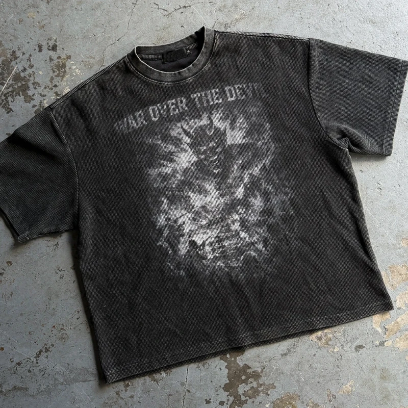 Custom-Logo-Printed-Basic-Round-Neck-Short-Sleeve-T-Shirts-Men-Oversized-Fit-Vintage-Washed-Heavyweight-Waffle-Knit-Tshirt