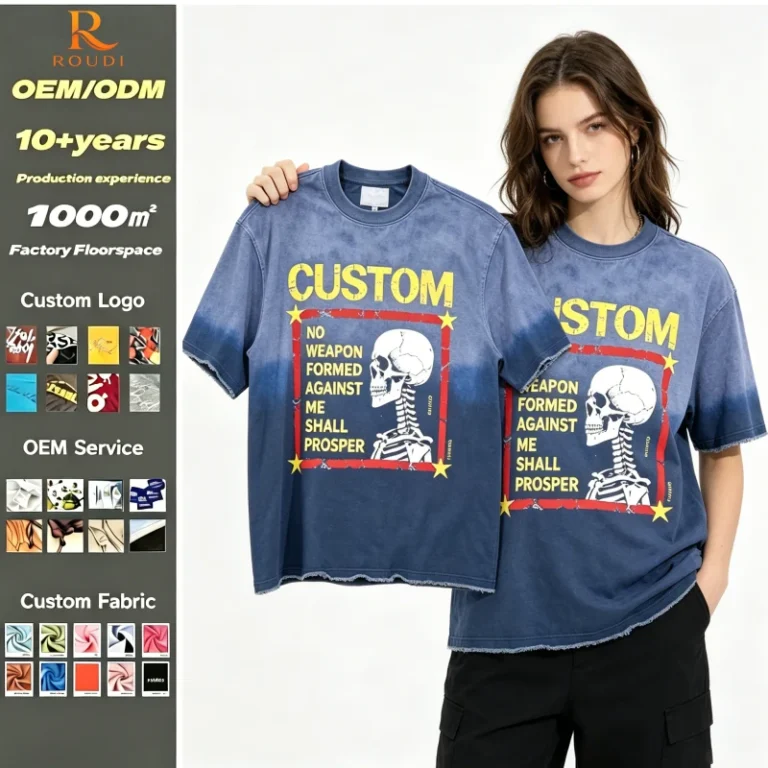 Custom-Logo-Unisex-Gradient-Vintage-Wash-Raw-Edge-Tee-Skull-Graphic-Oversized-Streetwear-T-Shirt-OEM-ODM