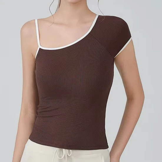 Custom-Logo-Womens-One-Shoulder-Yoga-Top-Asymmetrical-Ribbed-Slim-Fit-Workout-T-shirt-Contrast-Binding-Athletic-Tee