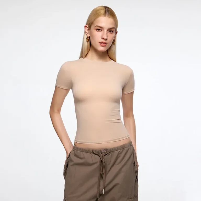 Custom-Logo-Womens-Short-Sleeve-T-Shirt-with-Straight-Shoulders-Round-Neck-Slim-Fit-and-Minimalist-Design