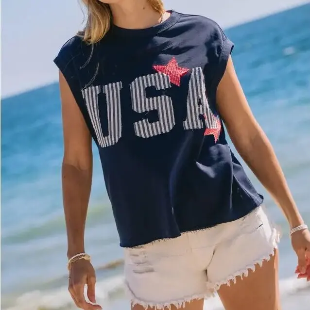 Custom-Logo-Womens-USA-Letter-Print-Sleeveless-T-Shirt-Crew-Neck-Star-Applique-Raw-Hem-Top-Manufacturer