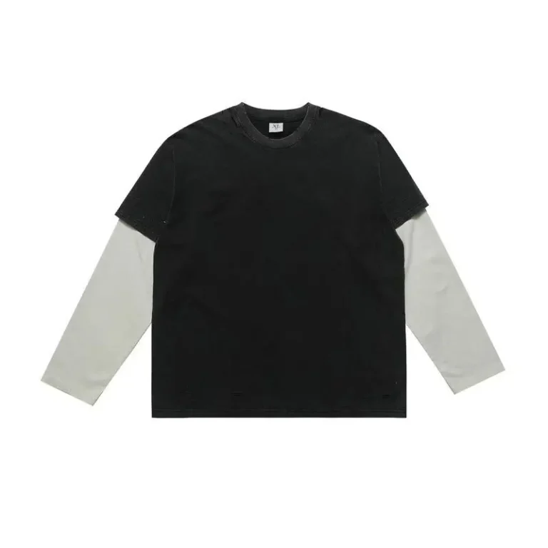 Custom-Mens-Acid-Wash-Distressed-Long-Sleeve-T-Shirt-Double-Layer-Waffle-Knit-with-Print-Pattern-Dirty-Wash-Style