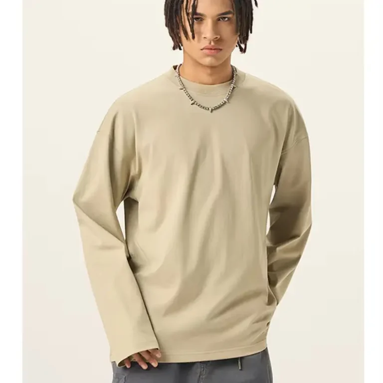 Custom-Mens-Long-Sleeve-T-shirt-High-Quality-Heavyweight-Luxury-Blank-Drop-Shoulder-No-Cuff-Oversized-Shirt-Casual-for-Men