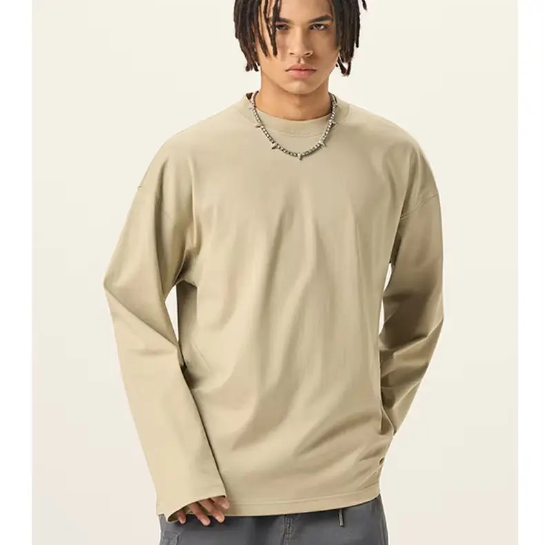 Custom-Mens-Long-Sleeve-T-shirt-High-Quality-Heavyweight-Luxury-Blank-Drop-Shoulder-No-Cuff-Oversized-Shirt-Casual-for-Men