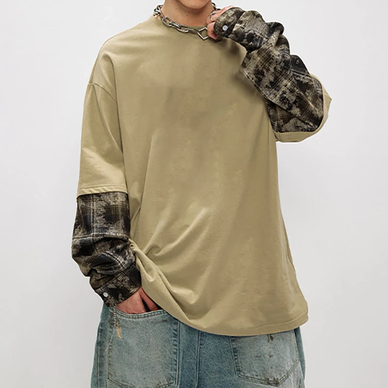 Custom-Mens-Long-Sleeve-Tshirt-Double-Layered-Long-Sleeve-Tee-With-Plaid-Sleeves-Men-Round-Neck-Long-Sleeve-T-shirt