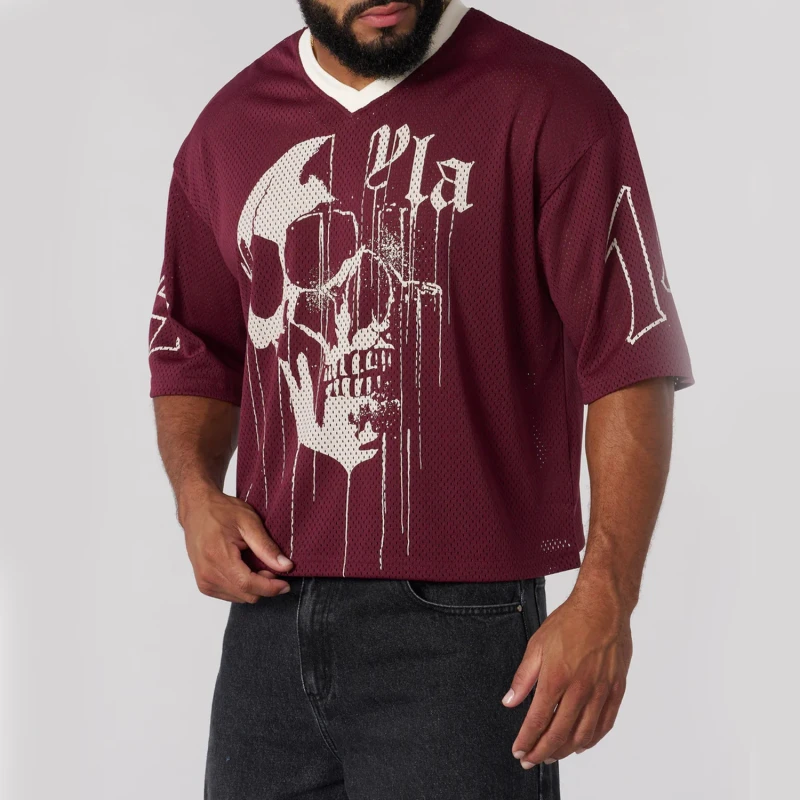Custom-Mens-Luxury-Woven-100-Polyester-Solid-Heat-Transfer-Printed-Logo-Breathable-V-neck-T-Shirt-Oversized-Fit-Short