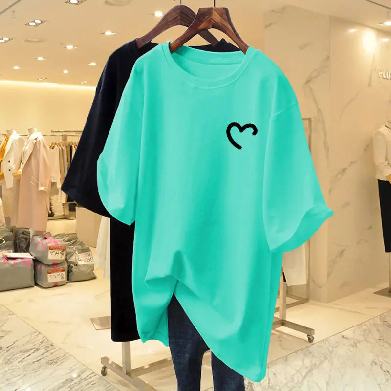 Custom-Micro-Label-100-Cotton-Womens-Summer-Short-Sleeve-T-shirt-Loose-Round-Neck-Top-Love-Print-Breathable-Long-Length-Top