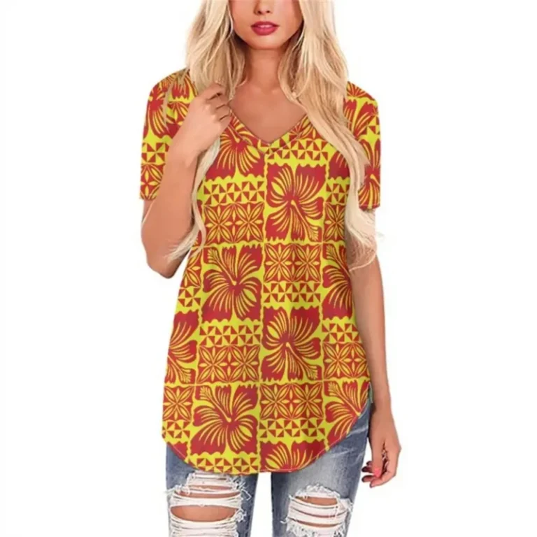 Custom-Orange-Tapa-V-neck-Sexy-Plus-Size-Ladies-Blouse-Polynesian-Samoa-Tribal-Casual-Short-Sleeve-t-Shirt