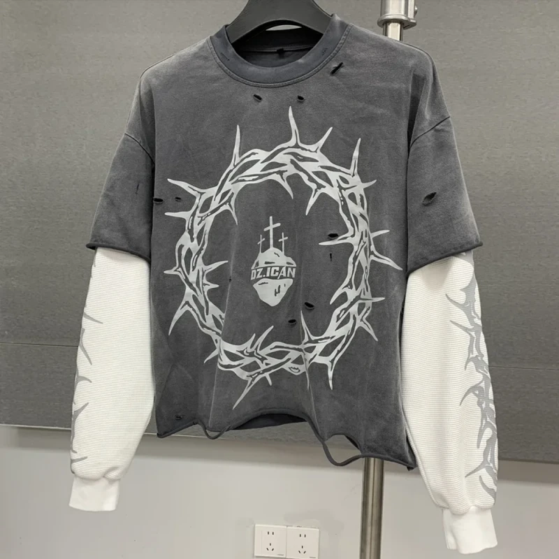 Custom-Screen-Print-Men-Boxy-T-Shirt-300gsm-Cotton-Washed-Tshirt-Streetwear-Vintage-Acid-Wash-Double-Layer-Long-Sleeve-T-Shirt
