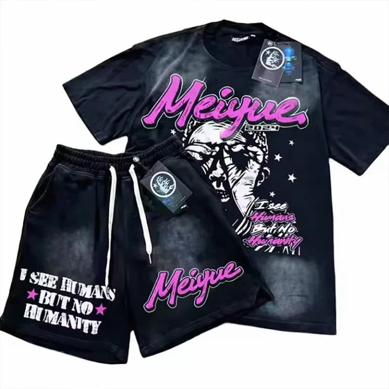 Custom-Streetwear-Acid-Wash-Summer-Tee-Shirt-Set-Cotton-Screen-Printed-logo-Crew-Neck-T-shirt-and-Retro-Short-Set-for-Men