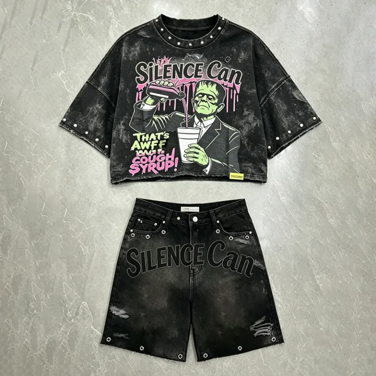 Custom-Summer-Graphic-DTG-Print-Mens-T-Shirt-Sets-Cropped-Acid-Wash-Rhinestone-Boxy-Style-Streetwear-2-Piece-Short-Set