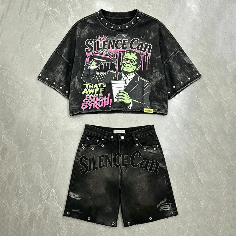 Custom-Summer-Graphic-DTG-Print-Mens-T-Shirt-Sets-Cropped-Acid-Wash-Rhinestone-Boxy-Style-Streetwear-2-Piece-Short-Set