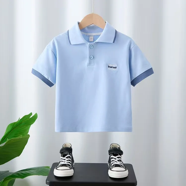 Custom-Summer-Kids-Toddler-Boys-Knitted-Cotton-Short-Sleeve-Light-Blue-Color-Polo-Shirts-Childrens-T-shirts