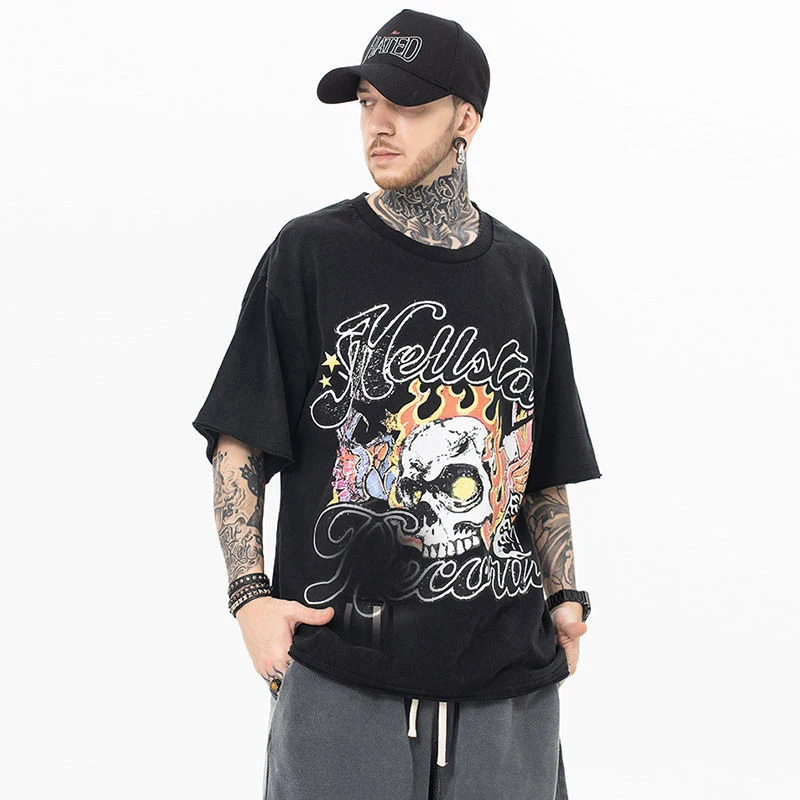 Custom-T-Shirt-Men-Streetwear-Black-Acid-Wash-Screen-Print-Cotton-Mens-Graphic-T-Shirts