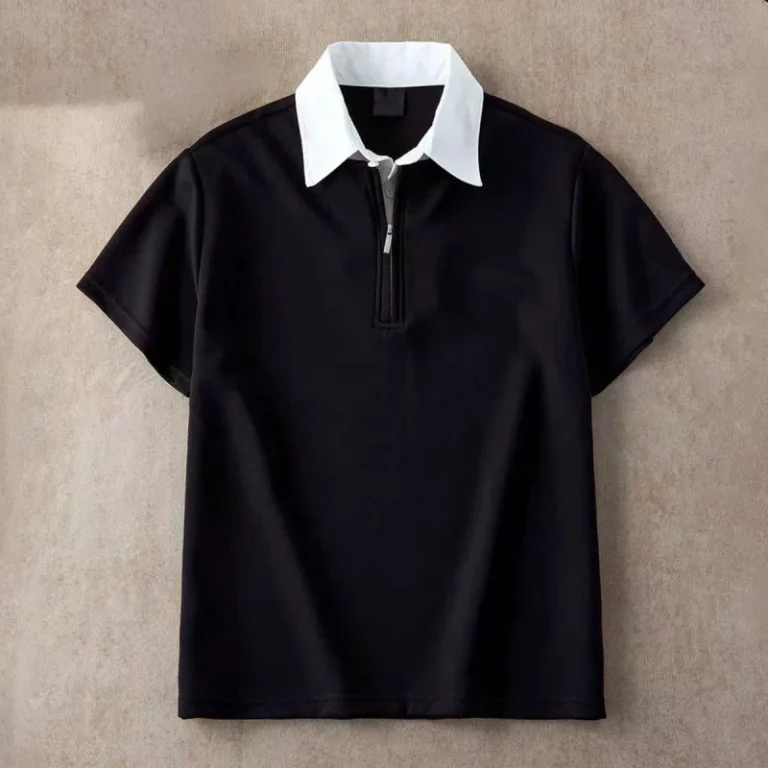 Custom-Urban-Relaxed-Color-blocked-Men-Short-sleeved-Cool-Cotton-Comfortable-Antibacterial-Half-zip-Collar-Polo-TShirt