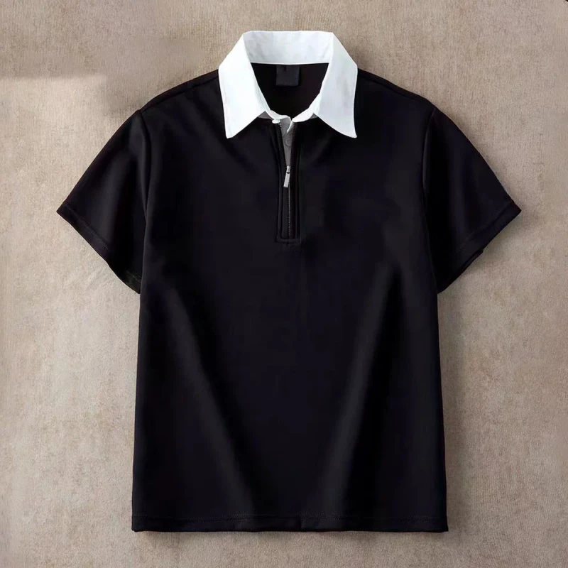 Custom-Urban-Relaxed-Color-blocked-Men-Short-sleeved-Cool-Cotton-Comfortable-Antibacterial-Half-zip-Collar-Polo-TShirt