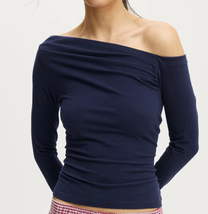Custom-Women-Off-Shoulder-Long-Sleeve-T-Shirt-Asymmetric-Slim-Fit-Solid-Color-Casual-Fashion-Tops-OEM-ODM-Clothing