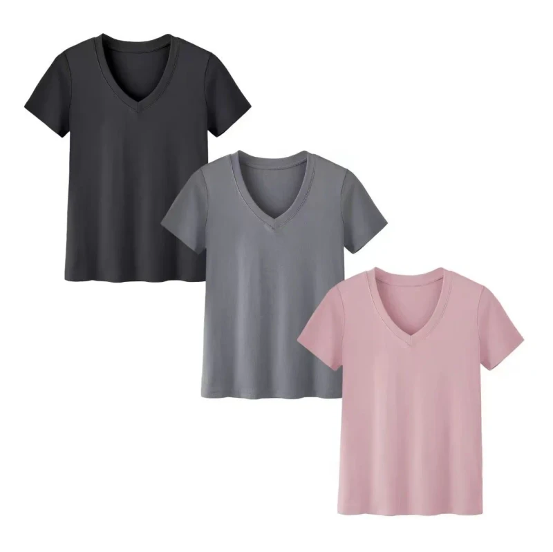 Custom-Women-V-Neck-Basic-T-Shirt-Solid-Color-Short-Sleeve-Casual-Loose-Fit-Cotton-Tee-OEM-ODM-Summer-Tops