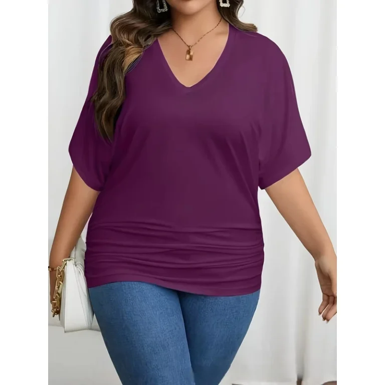 Custom-Women-V-Neck-Loose-T-Shirt-Plus-Size-Summer-Short-Sleeve-Solid-Color-Tops