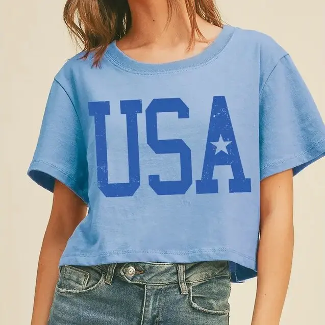 Custom-Womens-Casual-Vintage-Distressed-USA-Logo-Star-Print-Cropped-T-Shirt-Summer-Crew-Neck-Short-Sleeve-Crop-Top