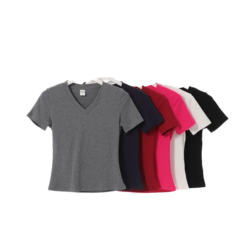 Custom-Womens-Cotton-Elastane-V-neck-T-shirts-230-Grams-Ladys-Slim-Fit-Plain-Stretch-Short-Sleeve-Tops-for-Logo-Printing