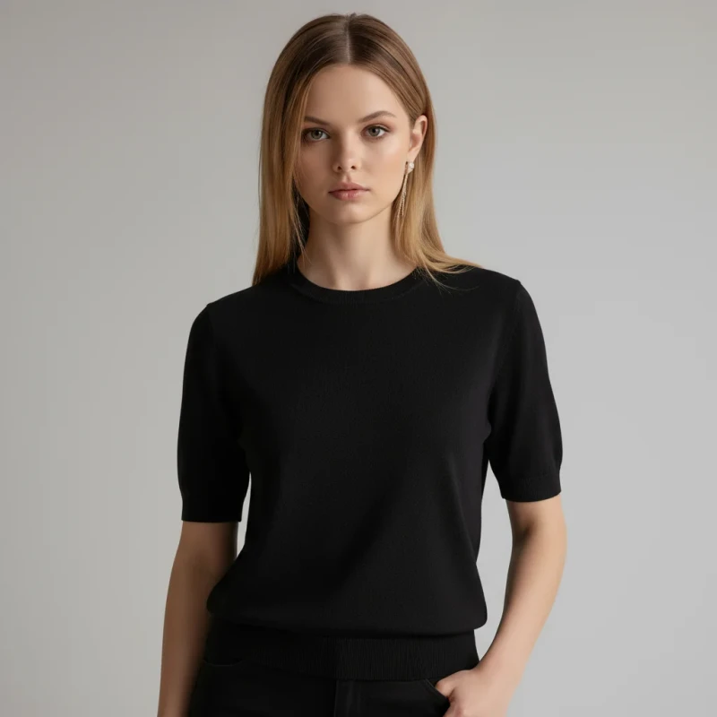 Custom-Womens-Crewneck-Knit-Short-Sleeve-T-Shirt-Solid-Color-Breathable-Regular-Fit-Casual-for-Summer-Digital-Printing