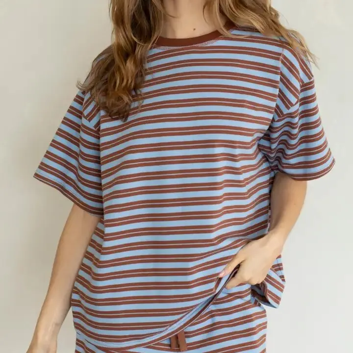 Custom-Womens-Summer-Knitted-Contrast-Color-Stripe-Short-Sleeve-T-Shirt-Drop-Shoulder-Loose-Fit-Casual-Crew-Neck-Tee