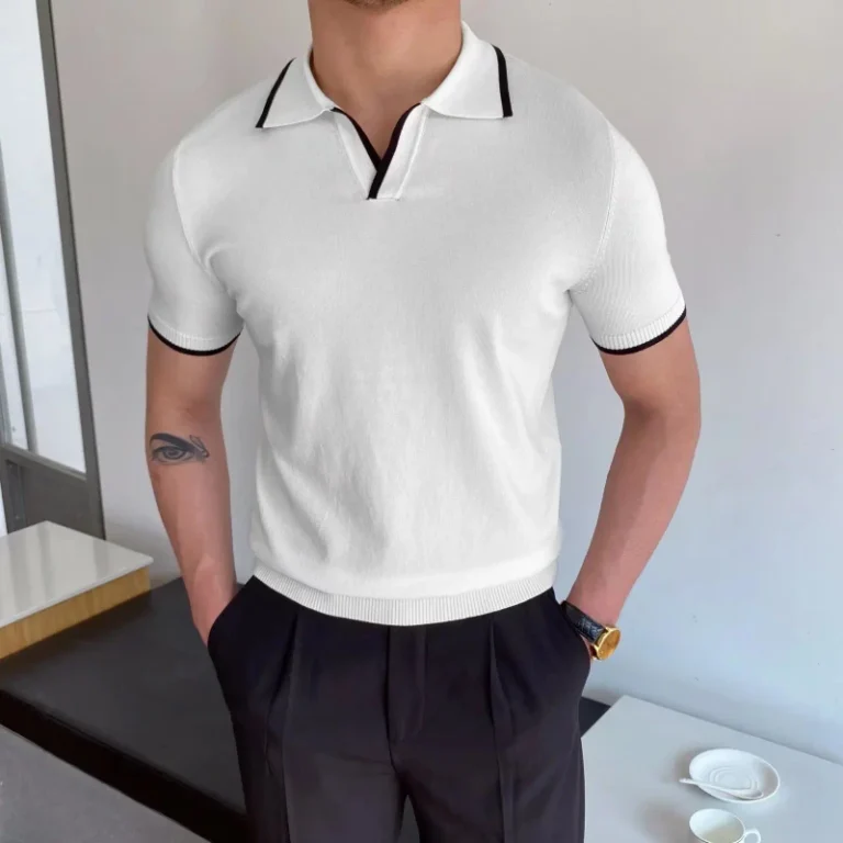 Custom-logo-Casual-V-neck-Jersey-T-shirt-Top-Solid-Color-Knitted-Thin-Short-Sleeve-Polo-Shirt