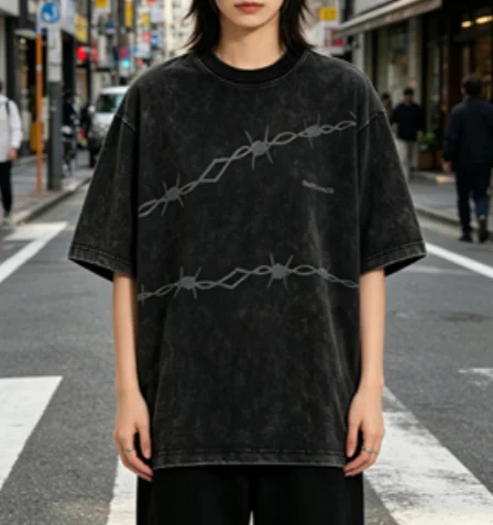 Customizable-Poly-Cotton-Crew-Neck-T-Shirt-Washed-Black-With-Barbed-Wire-Print-Oversized-Streetwear-Tee-for-All-Seasons-1