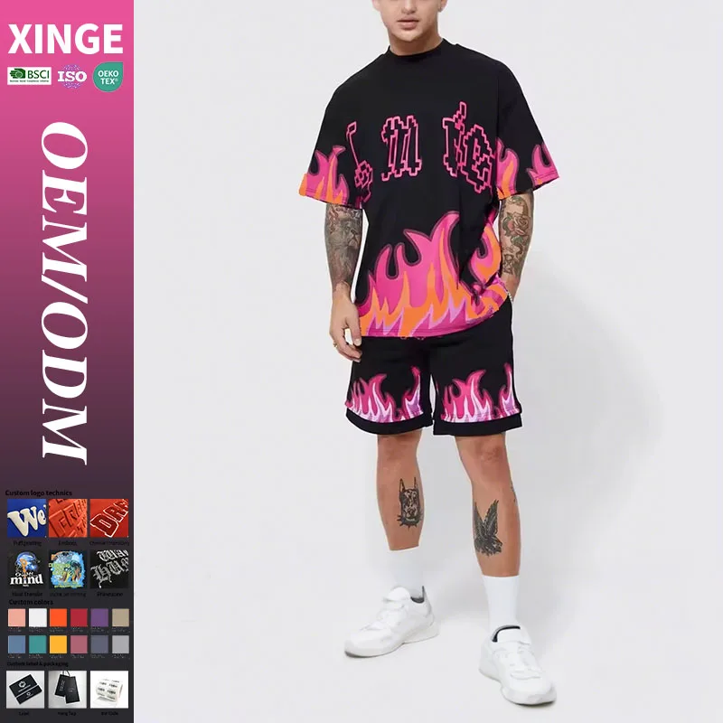 Customized-Mens-Street-Hip-Hop-Clothing-Set-2-Pcs-T-Shirt-Shorts-Alphabet-Graphic-Direct-Digital-Printing-for-Winter