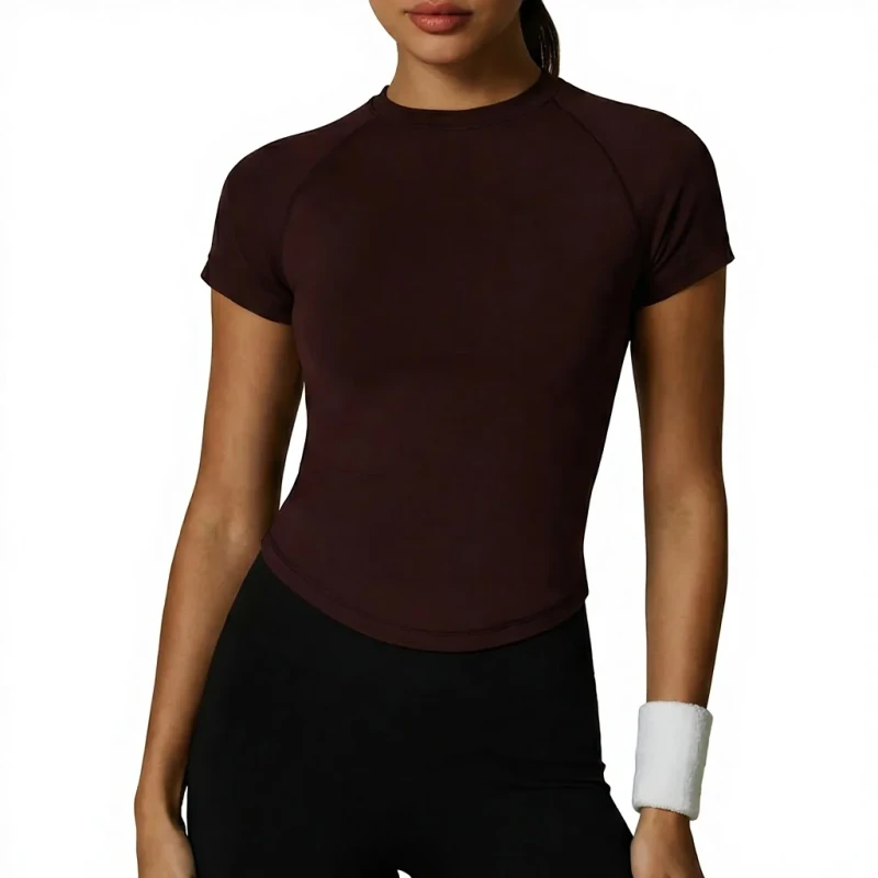 Cute-European-American-Womens-Short-Sleeve-Raglan-High-Elastic-Moisture-Absorption-Sweat-wicking-Tight-Seamless-Waist-T-shirt