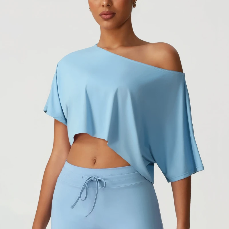 D-SM2534DX-Fitness-T-Shirt-Tops-Womens-Solid-Colour-One-Shoulder-Batwing-Sleeve-Casual-Ruffled-Short-Sleeved-Top