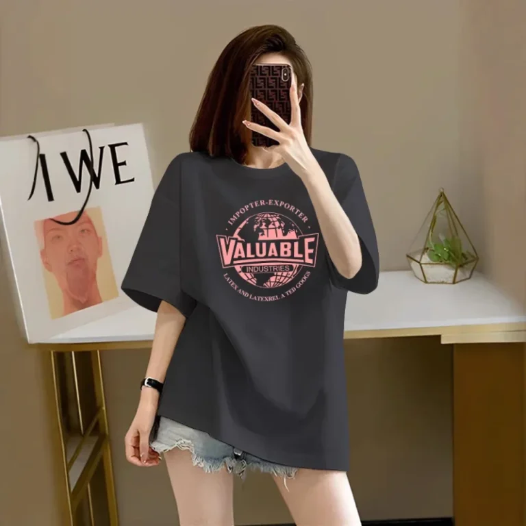Dark-Gray-Cotton-Woven-Jersey-Knitted-Womens-Oversized-Short-sleeve-Crew-Neck-Printed-T-shirt-Embroidery-Logo-Button