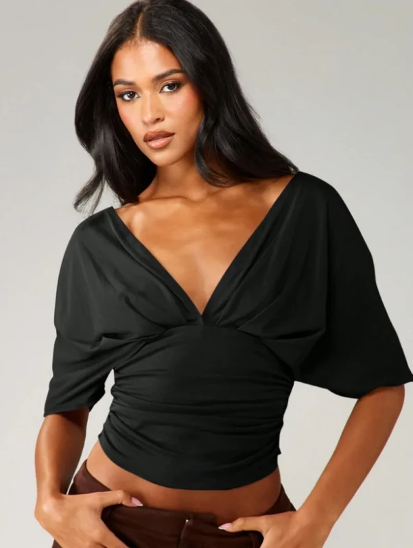 Deep-V-Neck-Knot-Front-Casual-Solid-Polyester-Drop-Shoulder-Mid-length-Sexy-T-Shirt