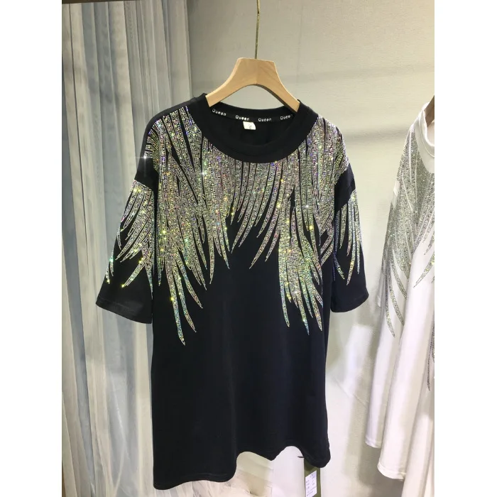 Drilling-T-Shirt-for-Women-Extra-Large-Size-Mid-Length-Slim-Short-Sleeved-Top-Trendy-Tshirt-Oversize-Top