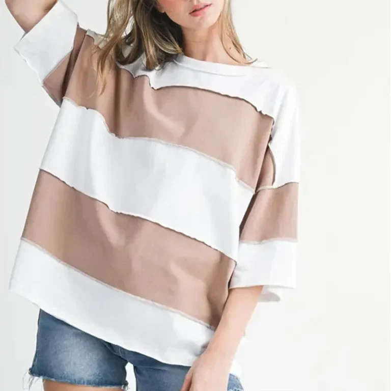 Drop-Shoulder-Raw-Edge-Color-Block-Mid-Sleeve-T-Shirt-Summer-Women-Striped-Crew-Neck-Custom-Cotton-T-Shirt