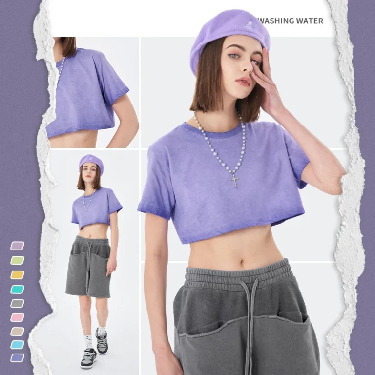 Eco-Friendly-Gradient-Purple-Cotton-Womens-Acid-Wash-Crop-Top-T-Shirt-with-Custom-Logo-Button-Diamonds