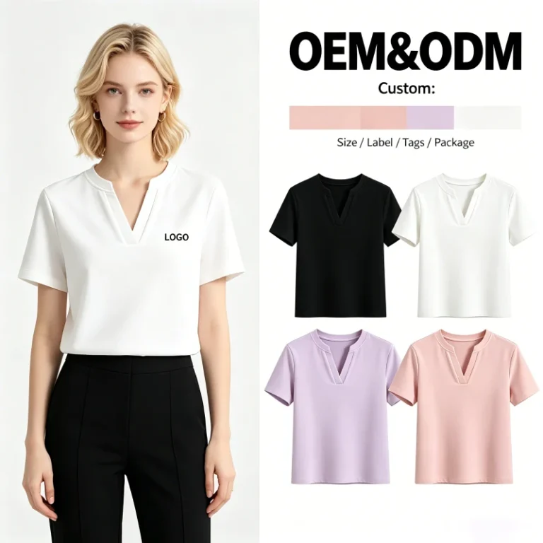 Embroidery-Detail-Anti-Wrinkle-Sweat-Absorbent-Minimalist-Style-Durable-Womens-Polyester-V-Neck-Slim-Fit-Solid-T-Shirt