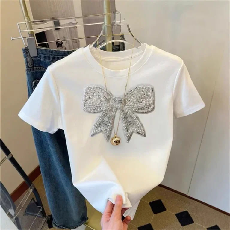Europe-America-Summer-New-Style-Womens-Polyester-Regular-Sleeve-Casual-Commuter-Loose-Neck-Bow-Knot-Printed-T-Shirt-Short