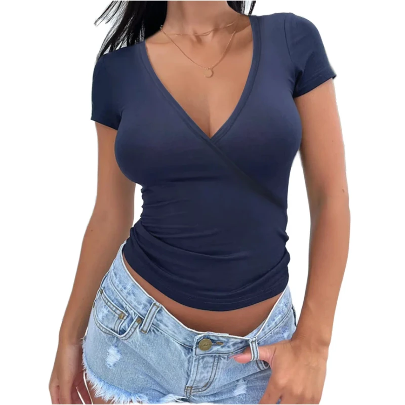 European-American-Style-Deep-V-Neck-Waist-Cinching-Slim-Fit-Short-Sleeve-Solid-Color-Sexy-Womens-Summer-T-Shirt