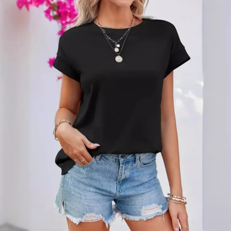 European-and-American-Loose-T-shirt-Round-Neck-Summer-High-end-Hot-Girl-Short-Sleeve-Straight-Shoulder-Womens-T-shirt