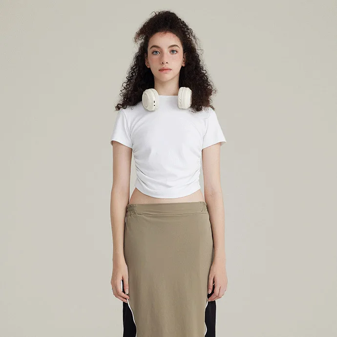 European-and-American-Womens-Summer-T-Shirt-220Grams-Niche-Design-Side-Pleated-Waist-T-shirt