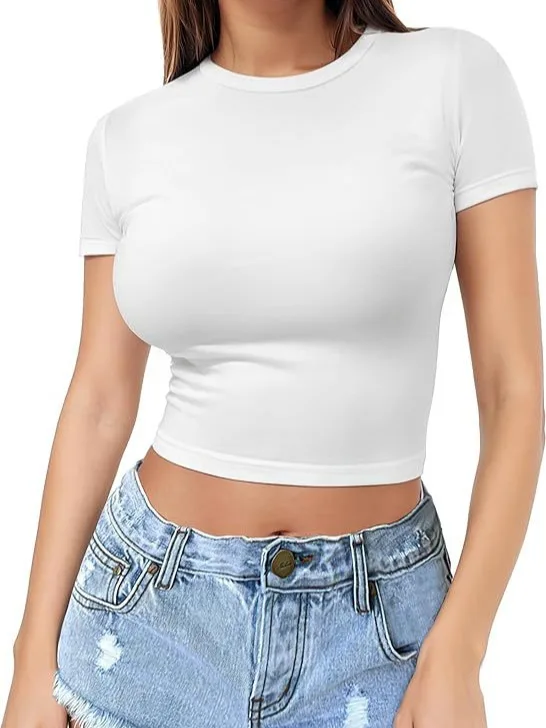 European-and-American-Womens-T-shirt-Summer-Pullover-Top-Womens-Thin-Round-Neck-Fashionable-T-shirt-Short-Sleeved