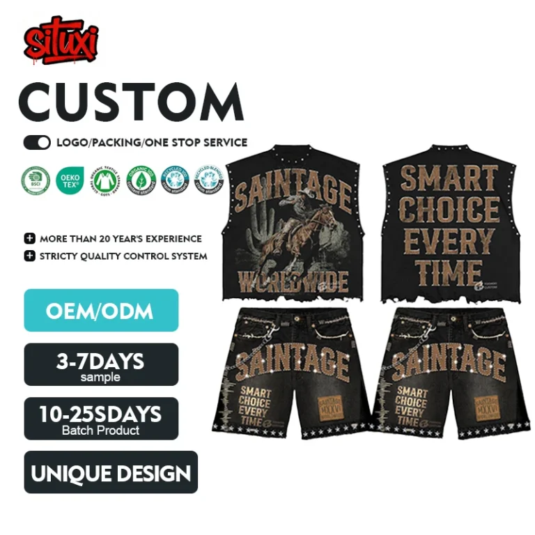 Factory-Customized-Oversized-Rap-Inspired-Rivet-Street-Art-Tee-Shorts-Outfit-for-Mens-T-shirt-Sets
